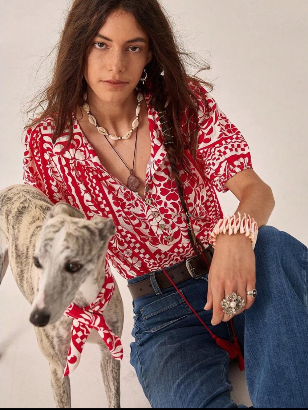 Boho Red Floral Print V-Neck Top Blouse Shirt